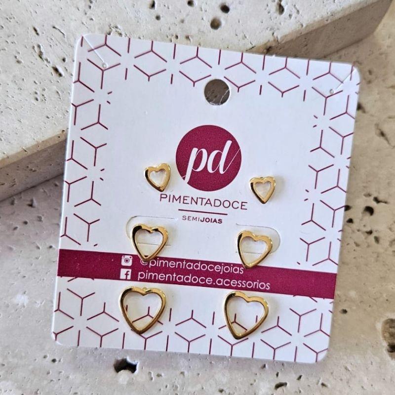 Brinco Trio Coração Fino Vazado