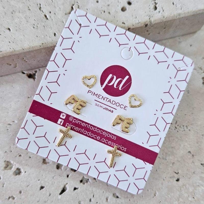 Brinco Trio Fé Cruz Coração