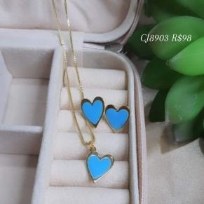 Conjunto Coração Com Resina Azul Claro