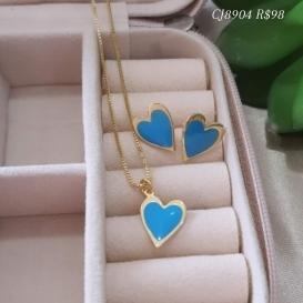 Conjunto Coração Com Resina Azul Escuro