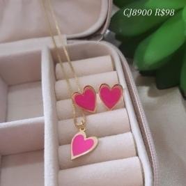 Conjunto Coração Com Resina Pink
