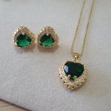 Conjunto Coração Cravejado Pedra Verde