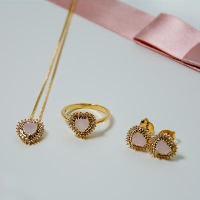 Conjunto Coração Micro Zirconia Rosa e Milk (Com Anel)