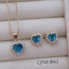 Conjunto Coração Pedra Cravejado Azul