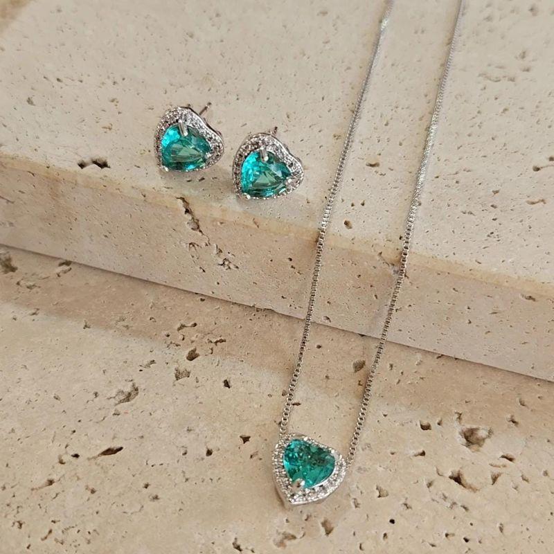 Conjunto Coração Pedra Turmalina 40+5cm