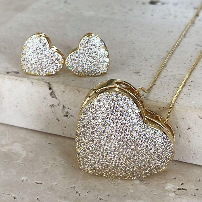 Conjunto Coração Relicario Cravejado 45cm