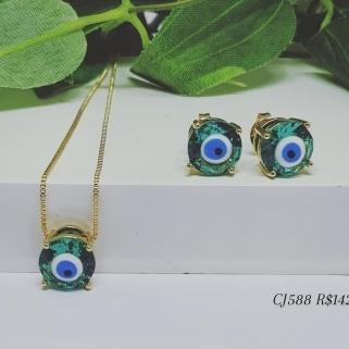 Conjunto Olho Grego Zirconia Verde