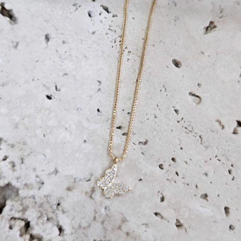 Gargantilha Borboleta Solitaria Cravejada 40+10cm de extensor