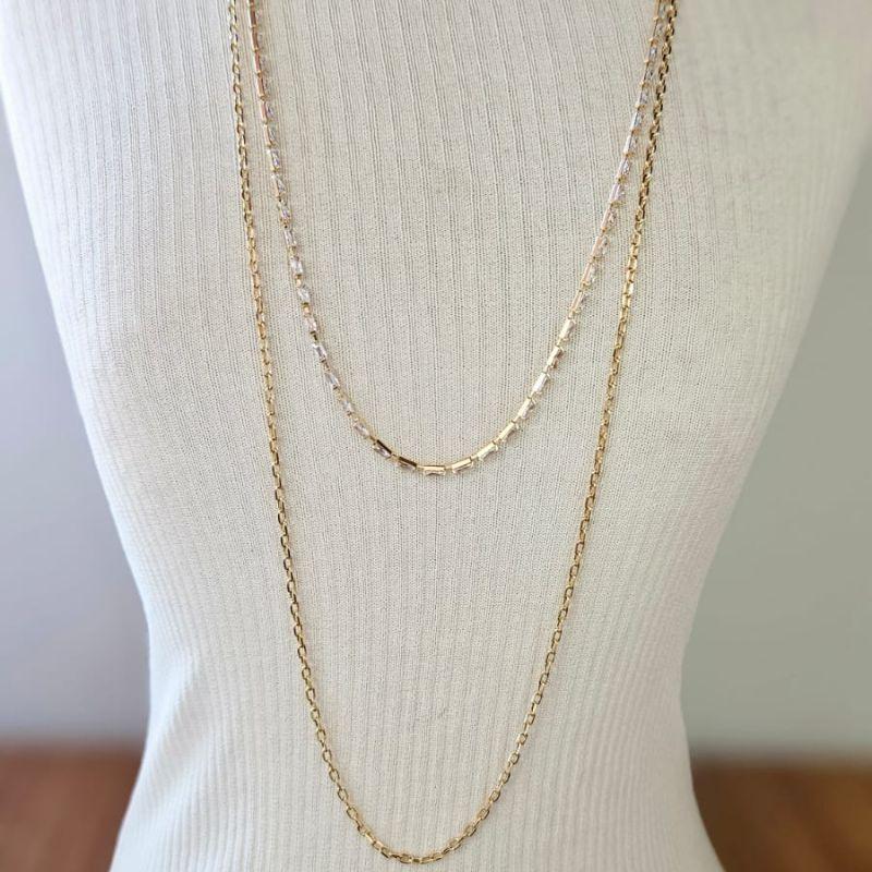 Gargantilha Dupla Corrente Cadeado e Baguetes