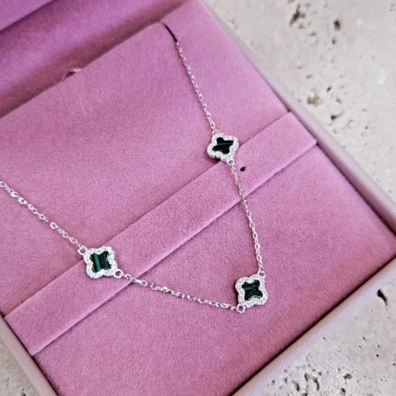 Pulseira Trevo Malaquita 18cm Prata