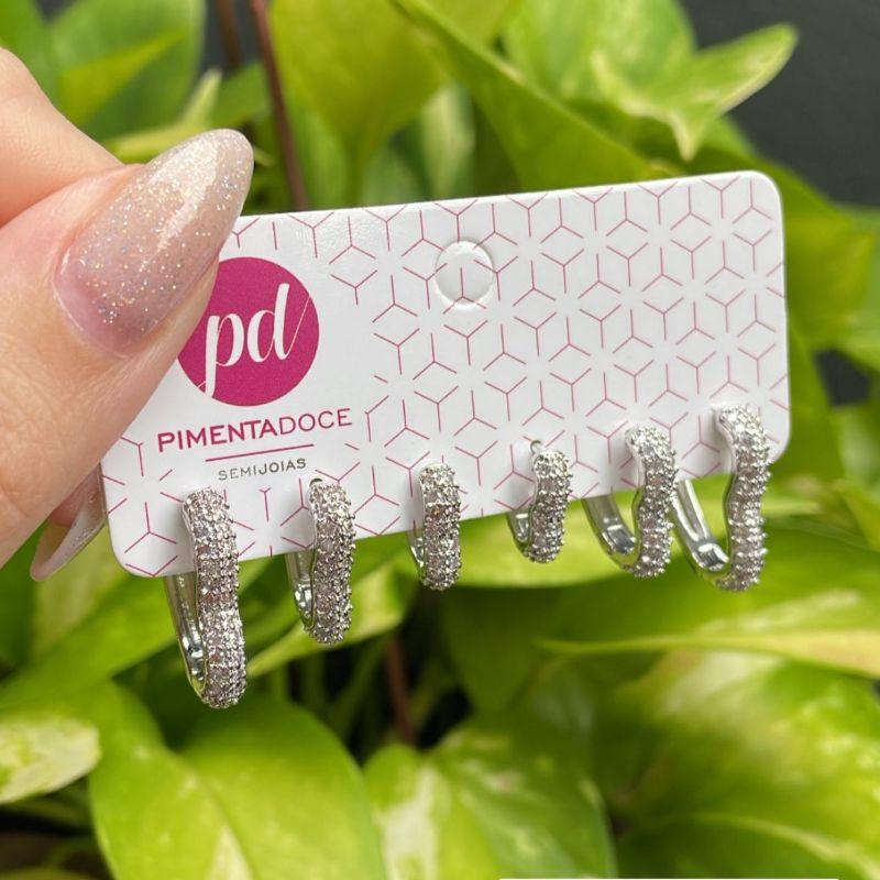 Trio de Argola Coração Cravejado