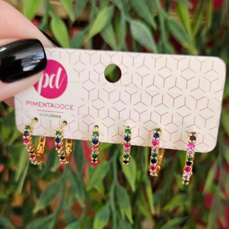 Trio de Argola Coração Cravejado Colors