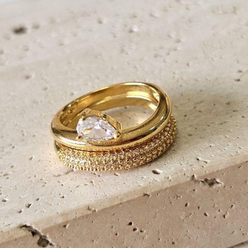 Anel Duplo Solitario Gota + Aparador Cravejado Zirconia