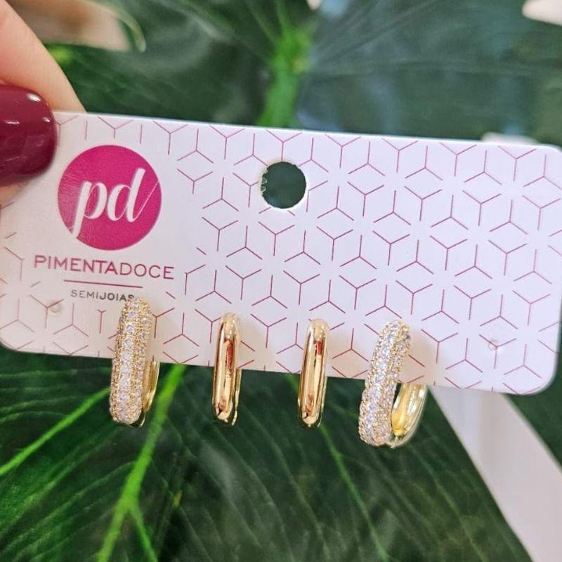 Brinco Dupla Argola Quadrada Lisa e Cravejada