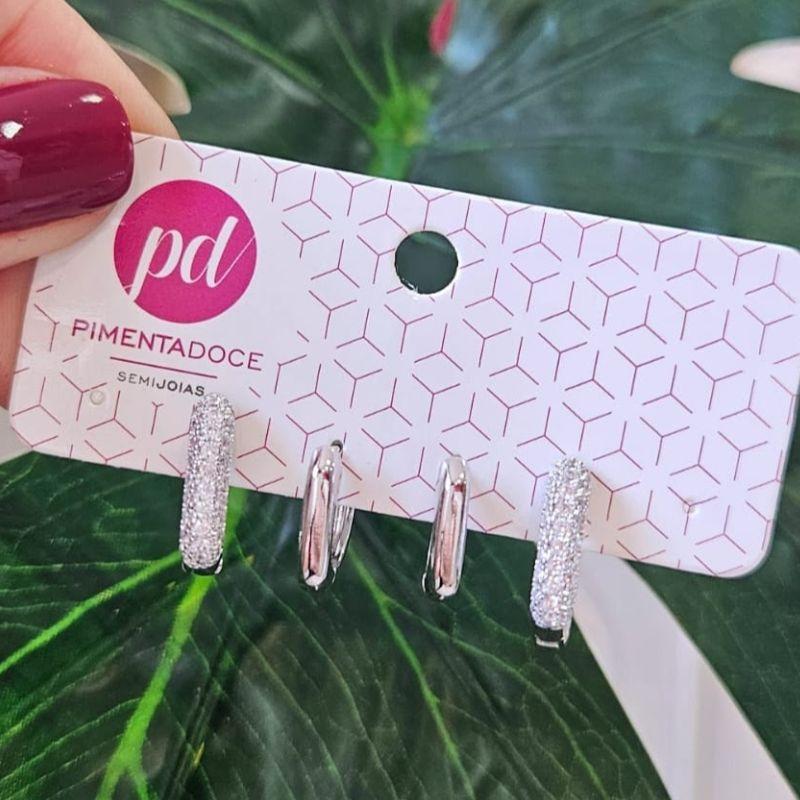 Brinco Dupla Argola Quadrada Lisa e Cravejada