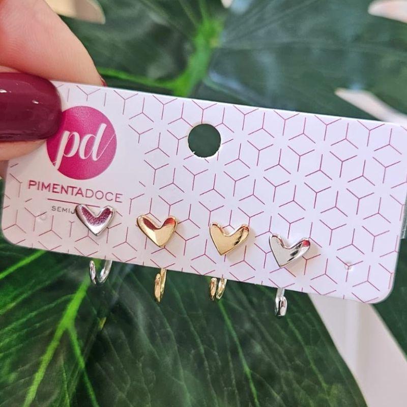Brinco Dupla Coração Gancho Dupla com Banho Misto (Sem Tarraxa)