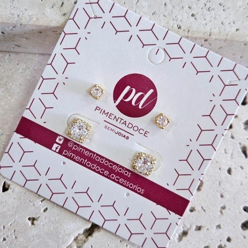 Brinco Dupla Quadrado Cravejado Zirconia Cristal