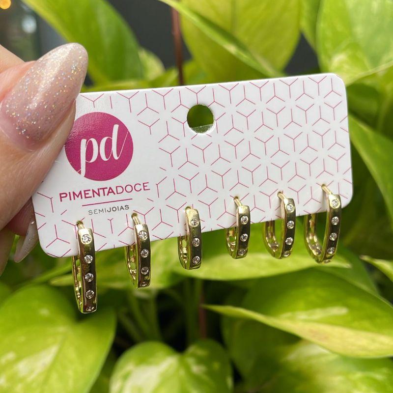 Brinco Trio Argola Oval com Zirconias