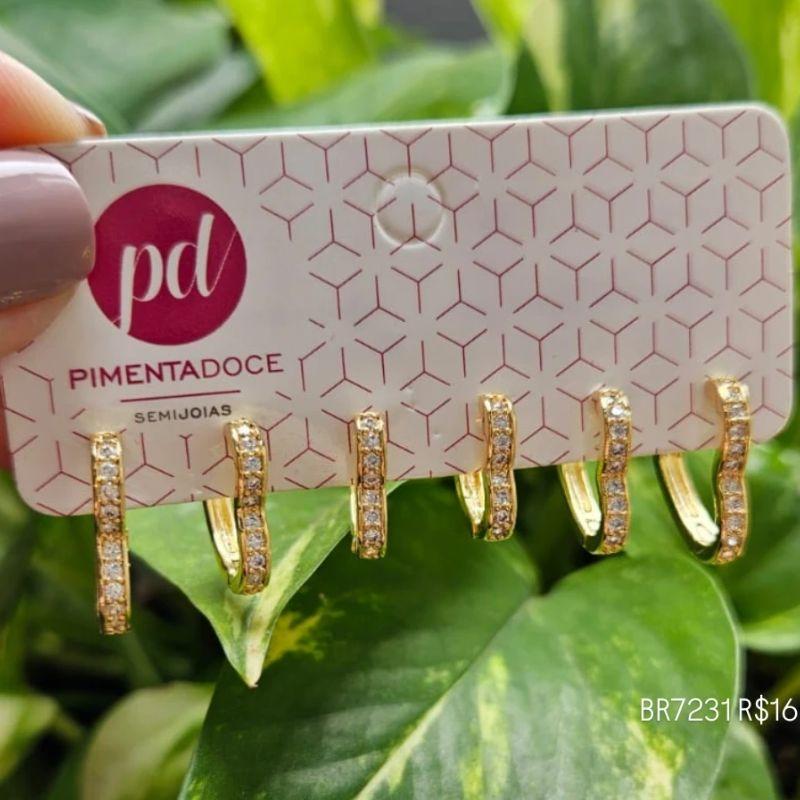 Brinco Trio Argolas Coração Cravejadas