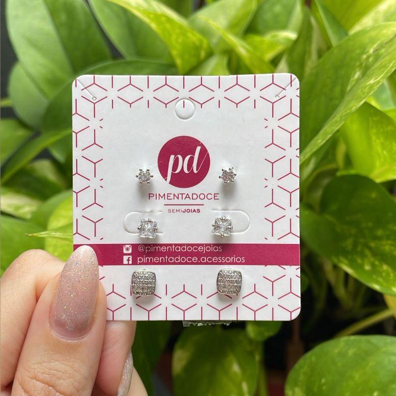 Brinco Trio Quadrado Cravejado e Ponto de Luz