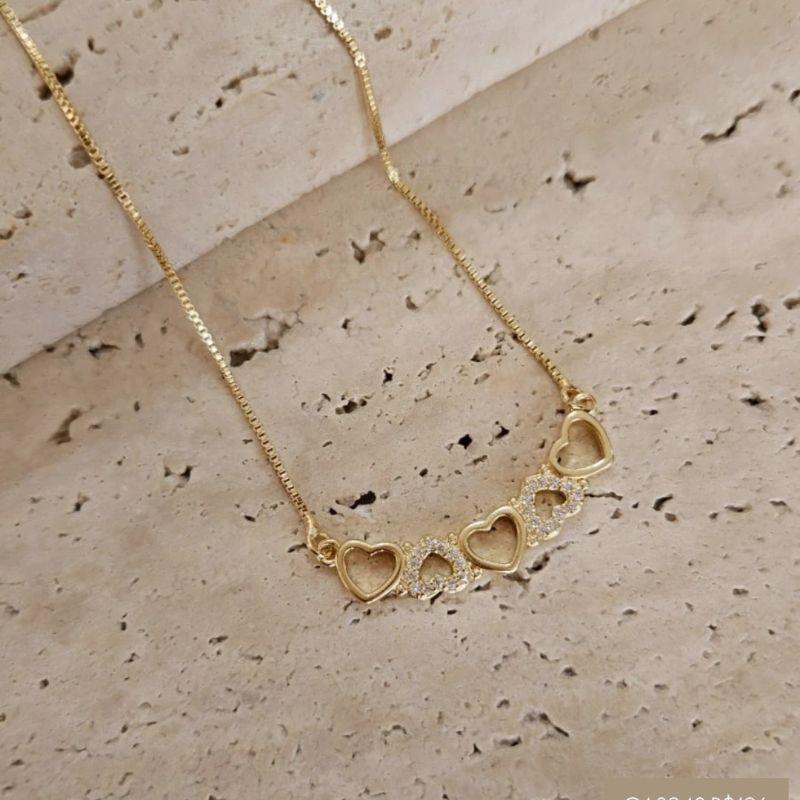 Gargantilha Corações Liso e Cravejado