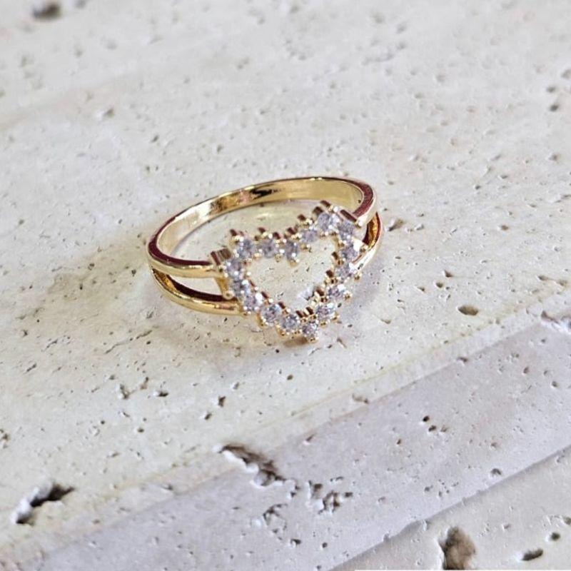 Anel Coração Vazado Cravejado Aro Duplo