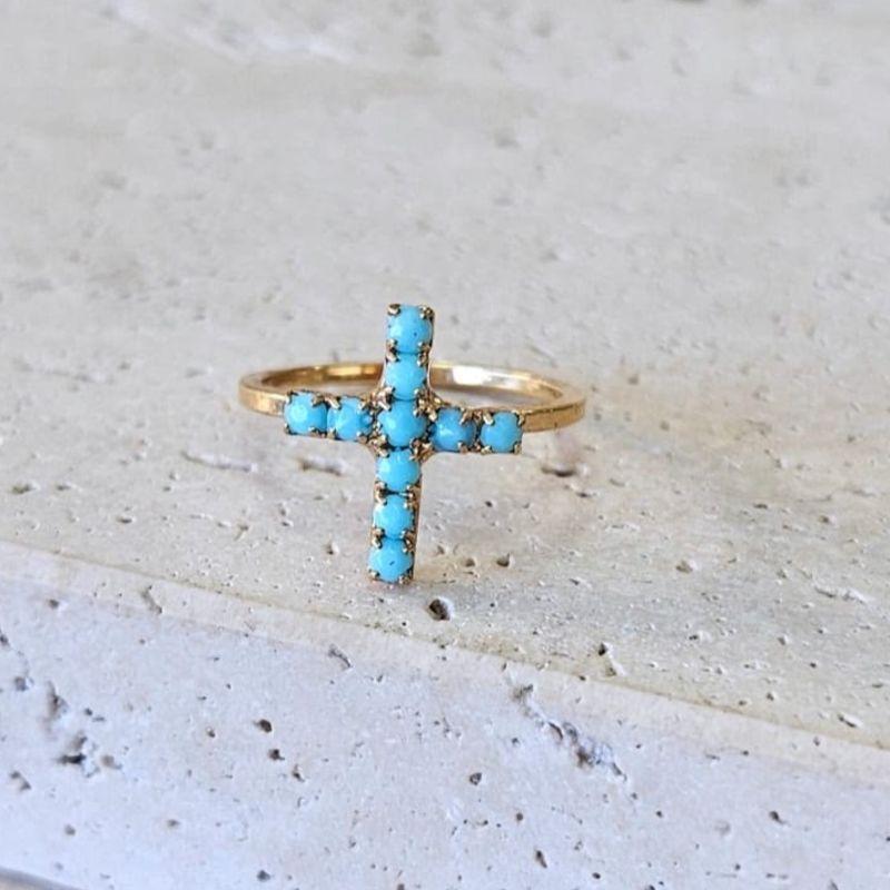 Anel Cruz c/ Strass Turquesa