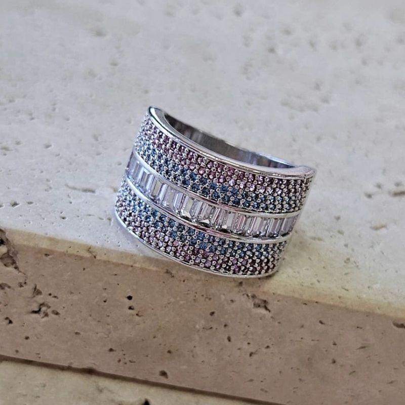 Anel Largo Cravejado Zirconia e Navete Colors R