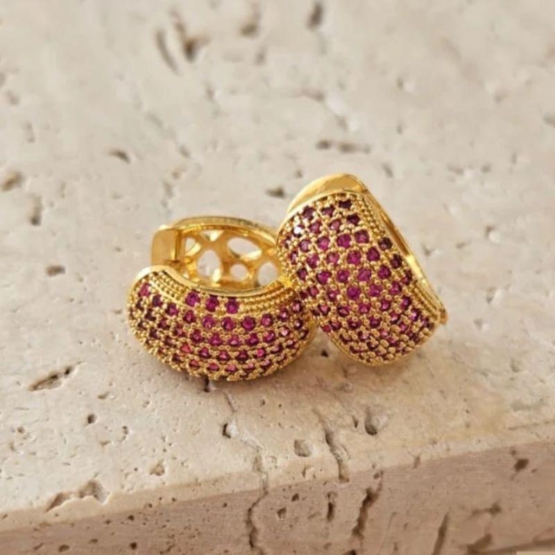 Brinco Argola Grossa Zirconia Pink Media