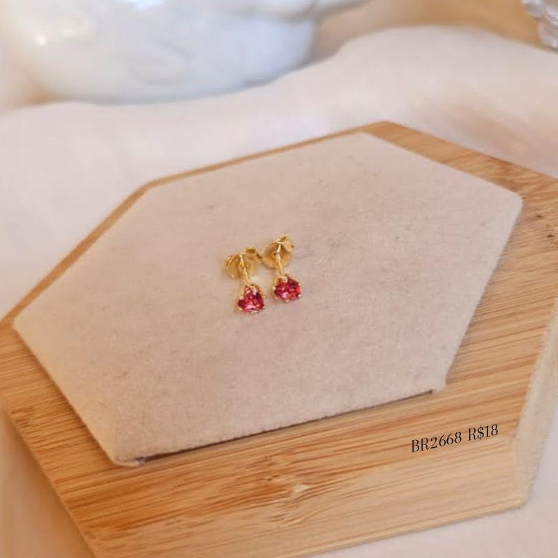 Brinco Coração Pedra Rosa Mini