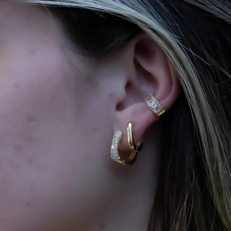 Brinco Dupla Argola Quadrada Lisa e Cravejada