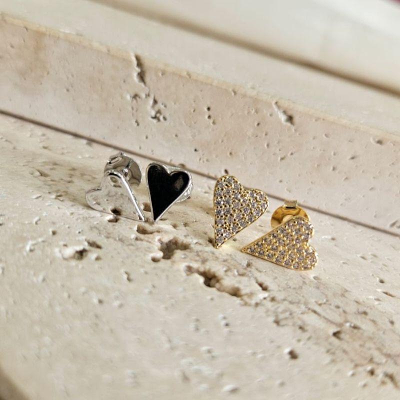 Brinco Dupla Coração Mix de Banhos Liso e Cravejado