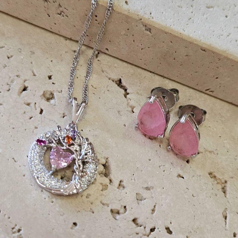 Conjunto Arvore com Coração Rosa Cravejado 50cm