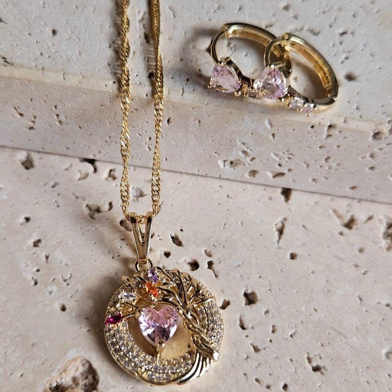 Conjunto Arvore com Coração Rosa Cravejado 50cm