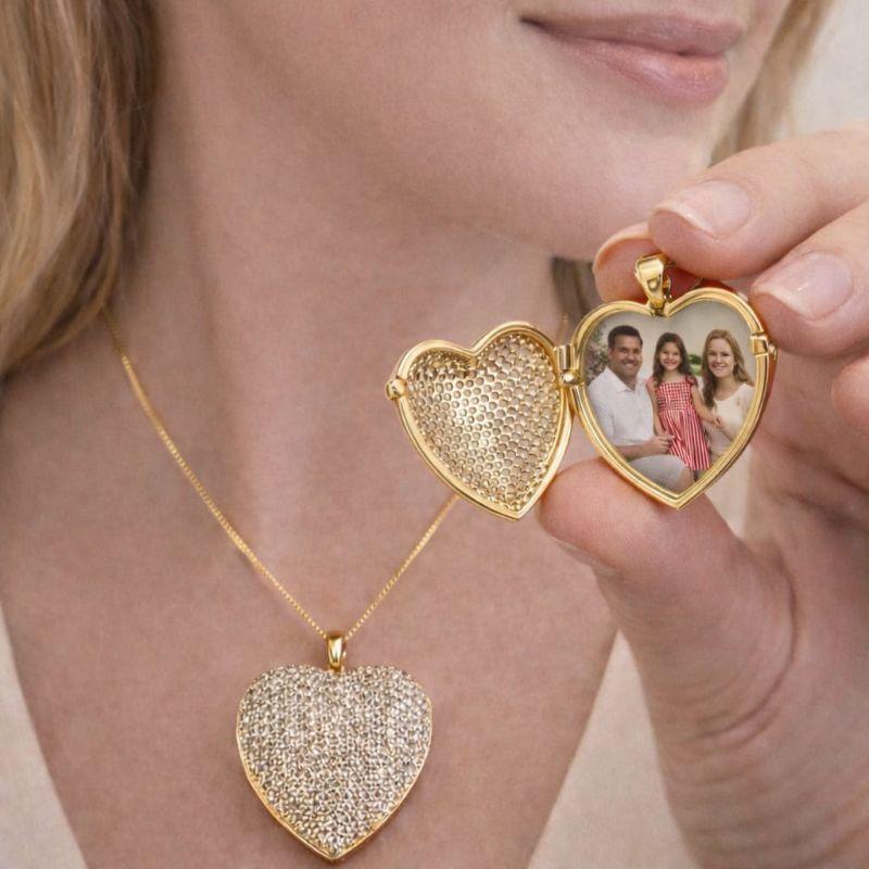 Conjunto Coração Relicario Cravejado 45cm