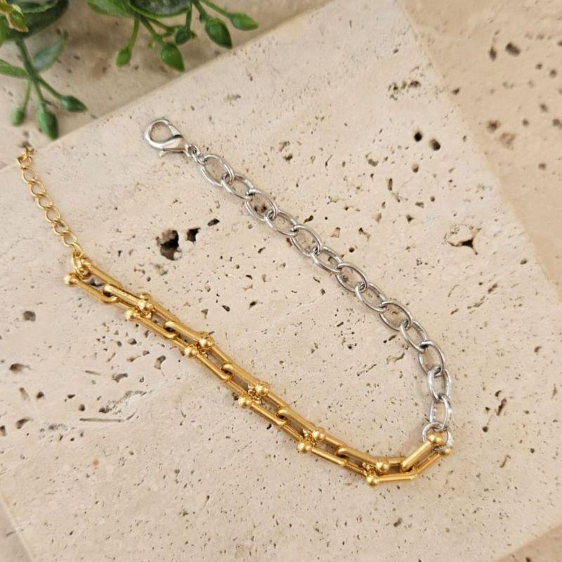 Pulseira Correntes Mistas Ouro/Rodio Branco