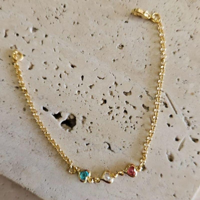 Pulseira Infantil Três Corações Zirconia 14cm