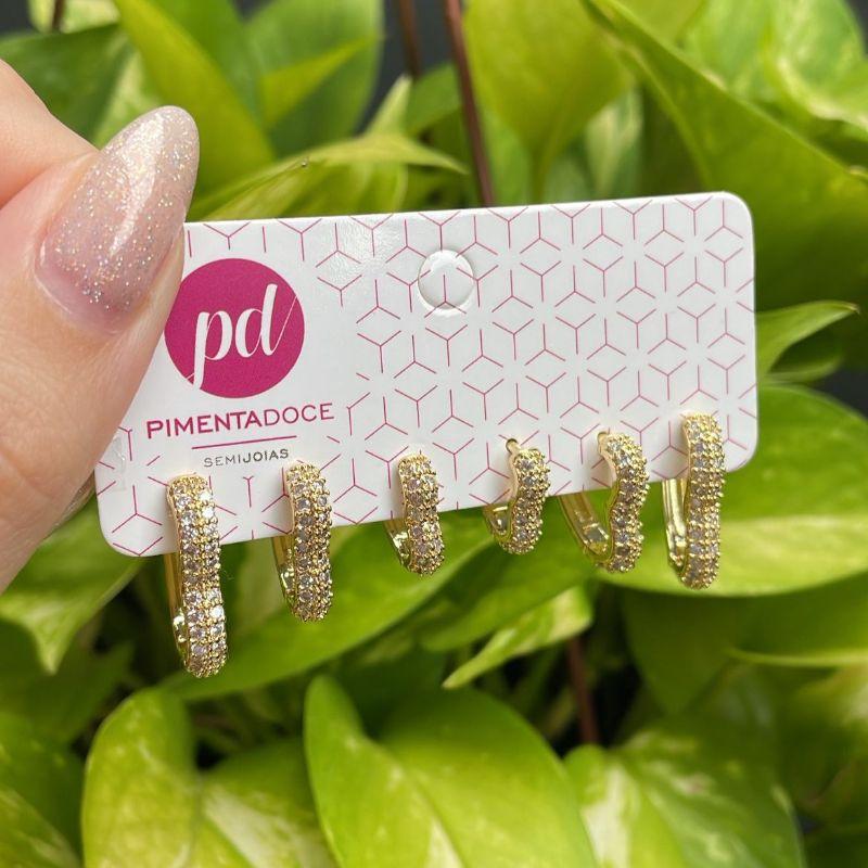 Trio de Argola Coração Cravejado