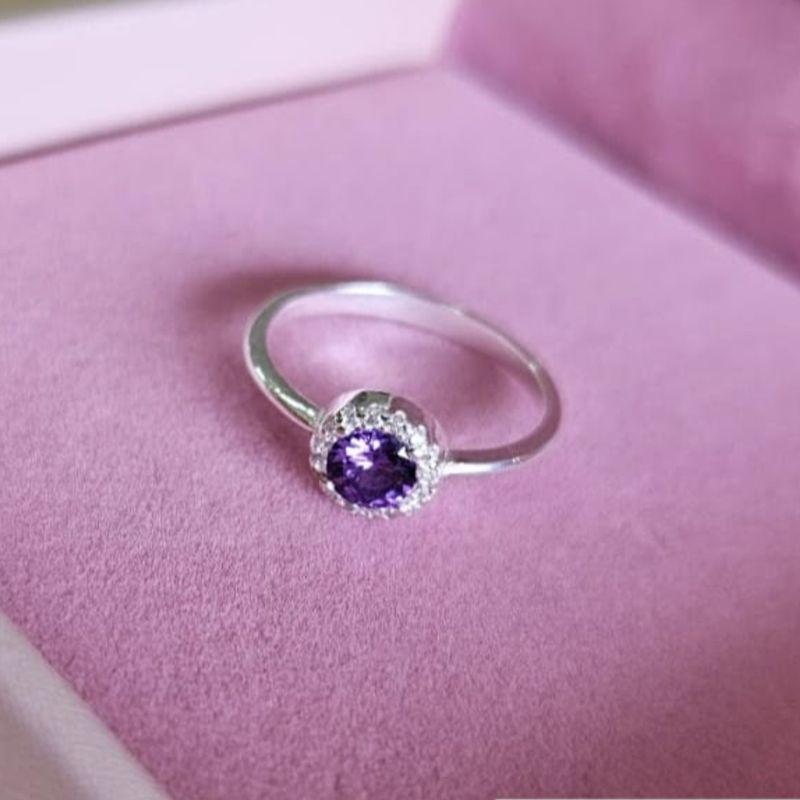 Anel Solitario Pedra Redonda Roxa Prata N23
