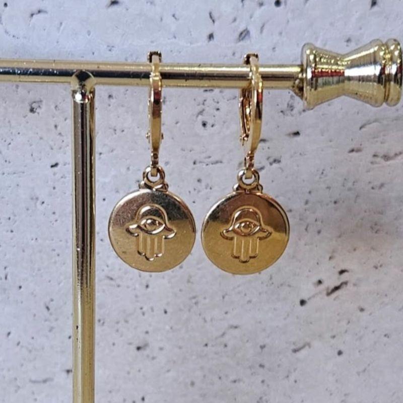 Brinco Argola Medalha Mão de Fátima