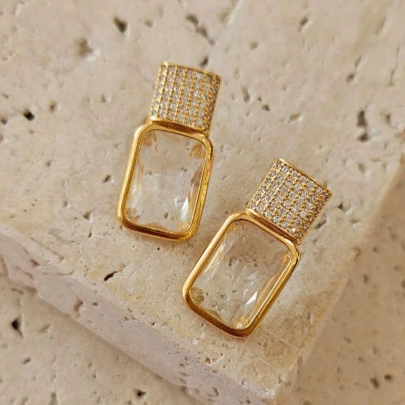 Brinco Pedra Retangular com Base Cravejada