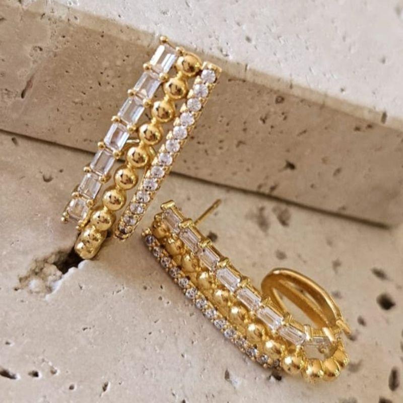 Brinco Triplo Baguete/Bolinhas/Zirconia