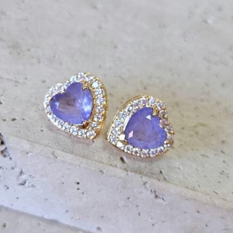 Brinco Coração Pedra Lilas Cravejado