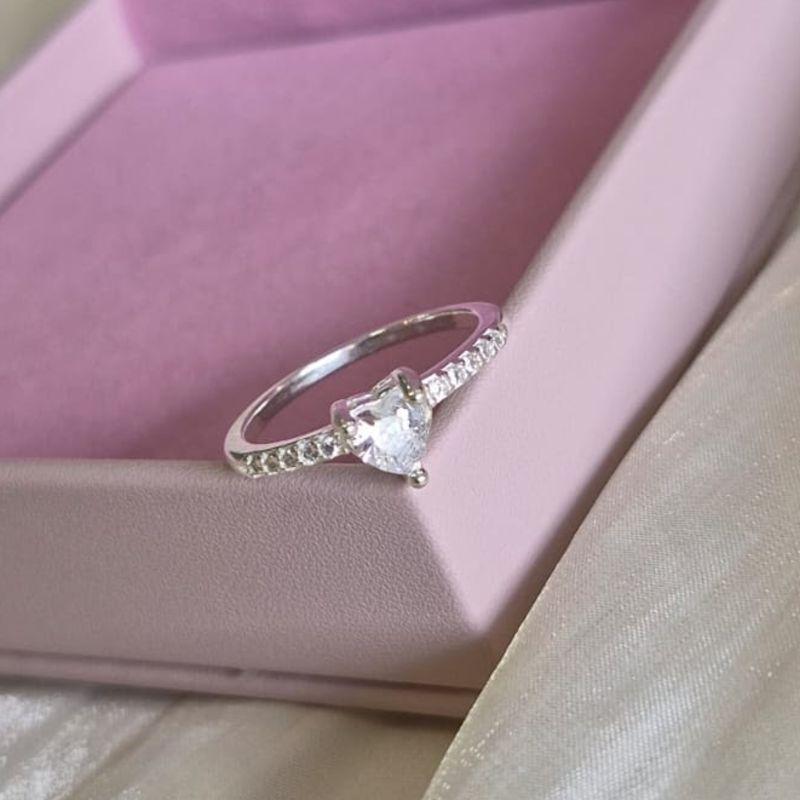 Anel Solitario Coração Cravejado Prata N17