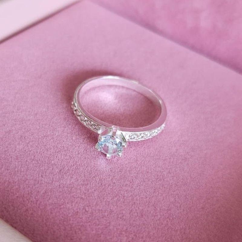 Anel Solitario Cravejado Pedra Azul Prata N22