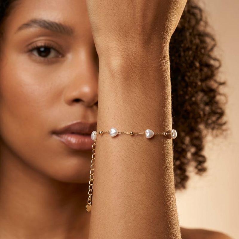 Pulseira Coração Pérola e Bolinha 18cm