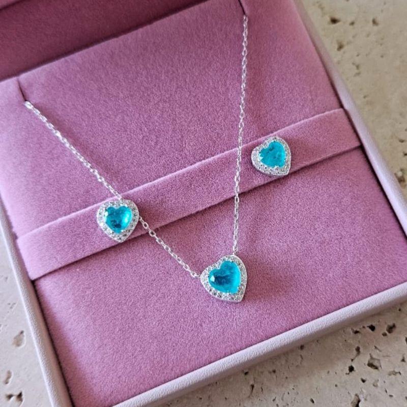 Conjunto Coração Turmalina Paraiba 45cm