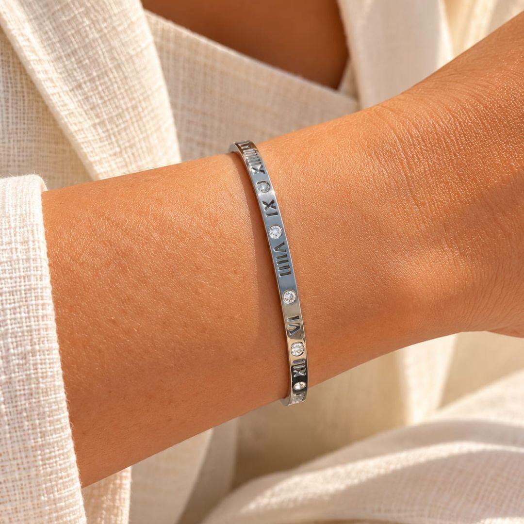 Bracelete Numeros Romanos em Aço Inox